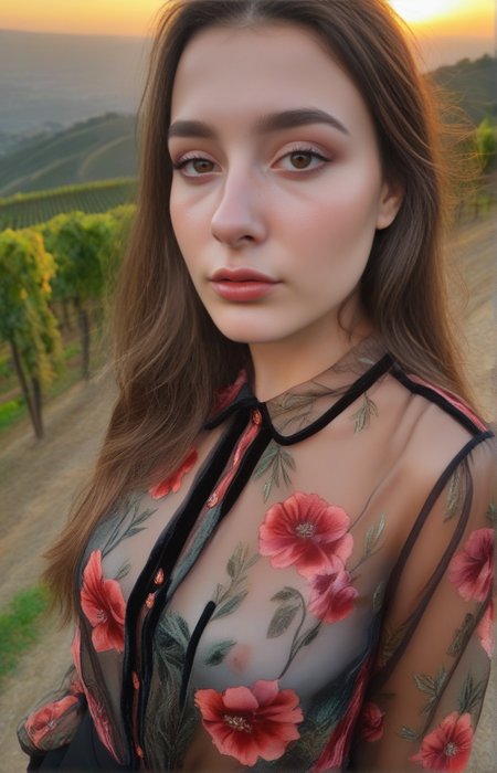 Stable_Yogis_PDXL_Positives <lora:Virtual_Babes_1_By_Stable_Yogi_SDXL8:0.8>
 88babes-girl88, long hair,  brown hair, realistic, brown eyes, face close up, red shirt, 
beautiful, realistic, real_life.
 (( wearing Sheer chiffon with velvet floral patterns blouse,   sunset on a hilltop overlooking vineyards , face close up))