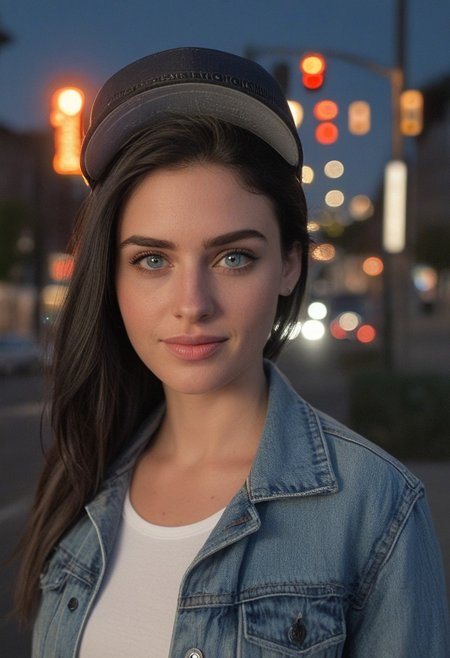 30yo woman holding an American flag.
Blue eyes. perfecteyes 
Wearing Denim jacket trucker hat. 
Long dark black slick back hair. No makeup. Dusk, Street light. Looking at camera POV. Slight smile, tilting head.. Tilt head.
Medium Close Up shot. Bokeh. Bokeh light.