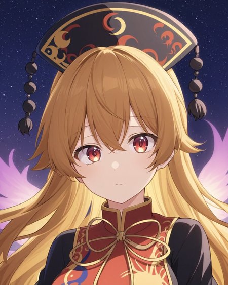 junko \(touhou\),1girl, solo, phoenix_crown, tabard, energy, chinese_clothes, pom_pom_\(clothes\), closed_mouth, long_sleeves, black_dress, crescent, black_headwear, hat, upper_body, looking_at_viewer, red_vest, yellow_bowtie, medium_breasts, wide_sleeves, night_sky, light
<lora:junko_(touhou)_image6079_2023-12-20-000007:1>,star-shaped_pupils,symbol-shaped_pupils,. gorgeous,key visual, vibrant, studio anime,award-winning, professional, highly detailed,high budget, cinemascope
