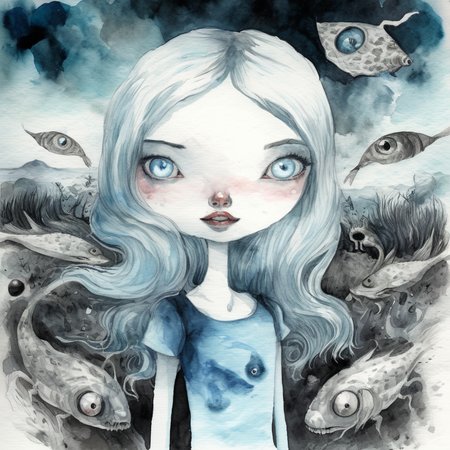 drawix3 a girl with blue eyes in the background a  surreal world, watercolor in black ink, very detailed <lora:drawix3:0.9>