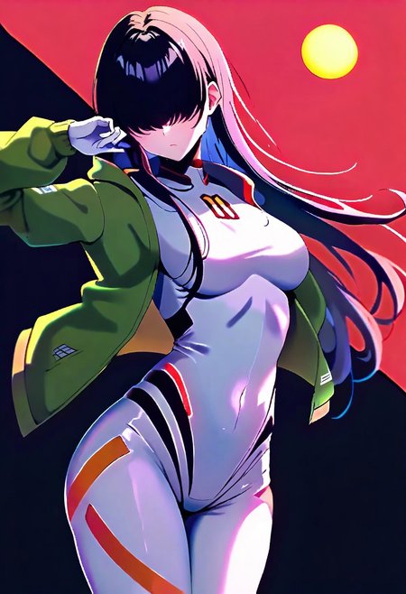 long hair, black hair, bangs, hair over eyes, black, 1girl,solo,cowboy shot,,ruanyi0812,white bodysuit,skin tight,science fiction,green jacket,open jacket,spacesuit,red background,<lora:0812 TheFirstDescendant Clothing_v1_pony:1>, score_9,score_8_up,score_7_up,,8k,1girl,solo, yellow sphere on the background