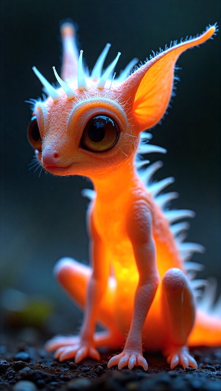 Macro shot, a glowing-luminescent-creature called a whatchamacallit which is related to the furry thingamajig, it has 3-large-eyes,2-antennae, and a humanoid body.  It lives in an alternate universe, background is dark adding vivid contrast to the whatchamacallit bright skin, hyperdetailed, intricate textures, glow effects  embedding:EZRealPONYXL,