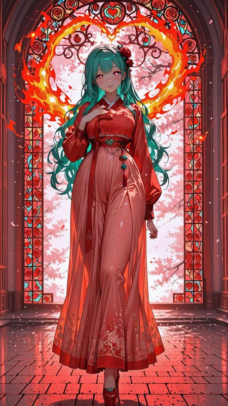 IllusP0s_1097608,  (masterpiece), (best quality), (ultra-detailed), amazing quality, very aesthetic, illustration, perfect composition, intricate details, absurdres, incredibly absurdres, BREAK,
hot attractive  girl , Romance,a couple falling in love during a road trip,pink flower, happy valentine, valentine,cherry blossoms, a woman discovering her true love was right in front of her all along,true love,love aura,pink light, (full body shot , from behind) of two lovers cuddling, detailed face, detailed hands, detailed eyes, located in a romantic scene at a beautiful bridge over a tranquil river during early morning with mild weather, illuminated by warm glow, creating a dreamy atmosphere,
,see-through cleavage, solar-powered belt buckle,midday,red light ,enchanting  atmosphere,heart,(many flaming heart):1.5,  heart-shaped pupils, love,(hanbok,korean clothes,clothed underbust,hanfu),ribbon,,love  symbol, floating heart,  heart circle,  hip armor, pink  , many red rose, 
she has very long hair,hair censor,(wavy hair:1.2, ),aqua hair,low-tied long hair, hair tubes ,
 <lora:Heel_up_pose:1> heel up,<lora:Anime_Aesthetic_Wallpaper_Style_IllustriousXL:1> aniwall, anime, aesthetic, 8k wallpaper, detailed 
<lora:NSFWFilter_illusXL_Incrs_v1:-1>,(stained_glass,stained_glass_print,sglass style),hand on another's chest