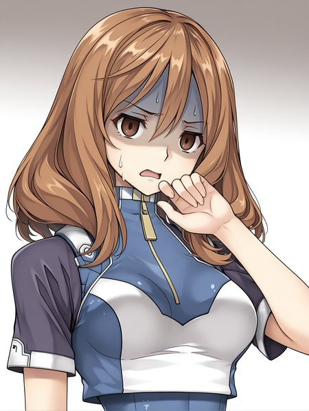 masterpiece,best quality,newest,
1girl,solo,
<lora:rail_clave_ilxl_v1.2:1>,rail_clave,brown hair,brown eyes,r_suit,short sleeves,leotard,zipper,<lora:Fixhands_anime_bdsqlsz_V1:1>,donbiki,sweatdrop,looking at viewer,shaded face,turn pale,jitome,disgust,gloom (expression),d:,frown,empty eyes,no pupils,white_background,simple_background,standing,open mouth,profile,upper_body,face_focus,hand to own mouth,