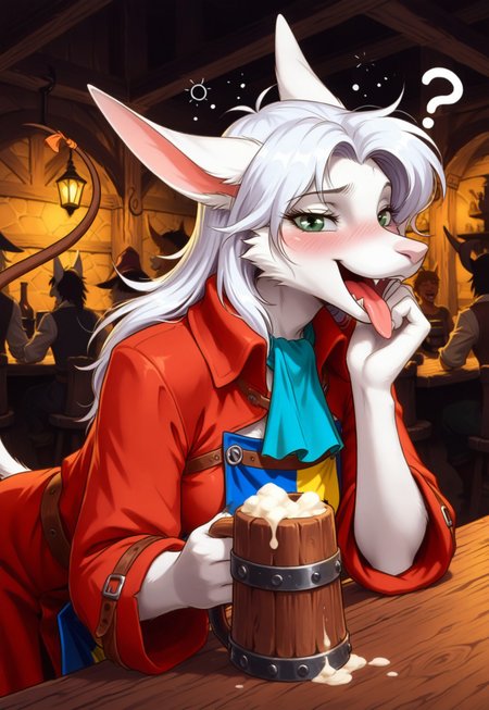 masterpiece, best quality, absurdres, zodikki1, kurumada eyes, kurumada hair, freyac, white fur, white hair, green eyes, brown tail, ascot, holding tankard, red dragoon coat, dragoon tabard, happy, laughing, tongue out, looking at viewer, solo, 1girl, ?, drunk,  eyes half closed, ears back, hunched forward, leaning forward, upper body focus, ears,
BREAK, tavern background, tavern, bar, pub, leaning on table, detailed background, dark background, crowd,