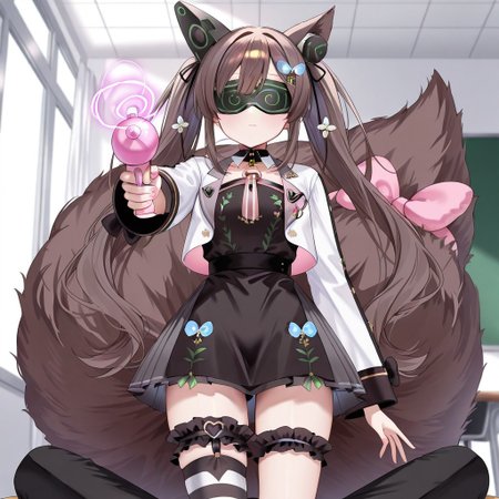highres, masterpiece, best quality, very aesthetic, absurdres, (1girl),1boy, chigusa hana, virtual youtuber, long hair, brown hair, twintails, animal ears, , hair ornament, cropped jacket, long sleeves, white jacket, collar, flower, black dress, pleated skirt, large tail, bridal garter, striped, single thighhigh, asymmetrical legwear, tail bow empty eyes,  expressionless, school, classroom,  looking at viewer, (memetic_control), pov_sub, (hypnotized_hypnotist),, (hypnotized_dom), (enemy_conversion), resisting, (visor), (covered eyes), hypnotic_screen, tech_control, femdom, stepped_on,male sub, ray gun, aiming_at_viewer, (hypnotic_beam), (hypnotic_accessory)(kronobas28,),