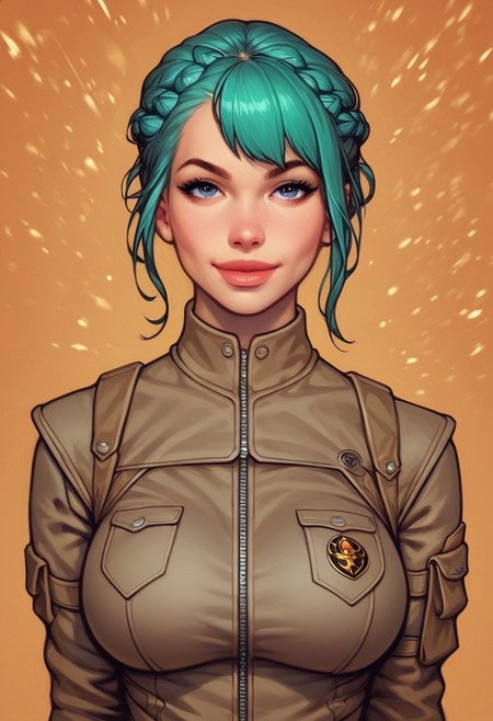 ((((front view))))
beautiful color, aesthetic, 2d,
(zeon pilot:1.3), ((khaki suit)), 
solo, standing, (battleground, explosions:1.5)
1girl, cute face, modest smile
((turquoise hair, folded in french braid, side bang hairstyles)), 	
big natural breasts, 
focused, looking at viewer,
(((full-clothed))), dynamic pose
BREAK 
score_9, score_8_up, score_7_up, score_6_up, source_cartoon, rating_explicit, Expressiveh, (((((upper body))))), dynamic pose