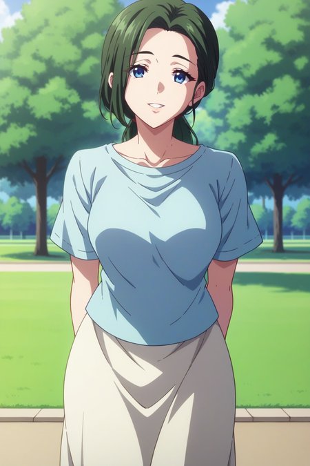 score_9, score_8_up, score_7_up, source_anime, 1girl, prefect lighting, very aesthetic, intricate details, highly detailed background, masterpiece, high quality, prefect hands, best quality, solo,
<lora:Haruhikos_Mother_Musaigen_no_Phantom_World_V1:.85>, dark-green hair, blue eyes, mature female, forehead, low ponytail, 
white undershirt, pick shirt open jacket, short sleeves, long white skirt,
standing, head tilt, smile, parted lips, arms behind back, leaning forward, 
park, sunny, shade, trees, grass, 
(Beautiful, medium Breasts:1.2), natural breasts,