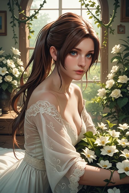 score_9, score_8_up, score_7_up,
<lora:RERClaire:0.8>
RERClaire, 1girl, blue eyes, long hair, brown hair, ponytail, looking at viewer, indoors, overgrowned, bedroom, flowers, white flowers, vines