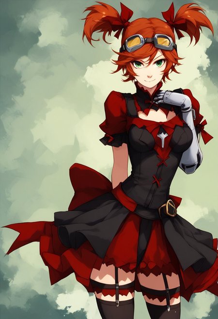 score_9, score_8_up, score_7_up, solo, gaigebl2, orange hair, goggles on head, twintails, short twintails, single mechanical arm, freckles, medium breasts, green eyes,
abstract background,
<lora:gaigebl2-guy-v1PONYXL:1>, cowboy shot, full body shot, pose, Smirk, 
, sexy pose, countryside background,
hair ribbon, black dress, black thighhighs, garter straps, bow,