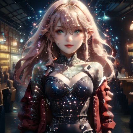starry_morph, score_9, score_8_up, score_7_up , 1girl, solo, long hair, pink hair ribbon, cowboy shot, nightclub, neon lights, bokeh, depth of field, blush, happy, makeup, open leather jacket, red leather high waist pants, signora, Robina, long hair, hair between eyes, green eyes, pointy ears, elf, blonde hair, ahoge, Cyberpunk, hands hidden, hands on the back.