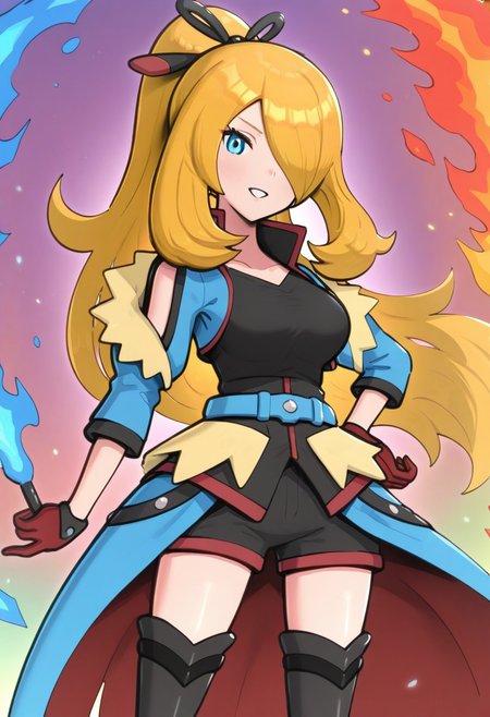 [hinosaki, pokemoa, gonzarez], 2d, masterpiece, best quality, amazing quality, 1girl, solo, close-up, standing, smile, upper body, cowboy shot, looking at viewer, simple background, colorful background, flames, auracynthia, def colors, grey eyes, blonde hair, very long hair, ponytail, black hair ribbon, hair over one eye, collarbone, blue jacket, shoulder cutout, red gloves, black shirt, blue belt, black shorts, showgirl skirt, blue skirt, red lining, thigh boots, high heels boots, black footwear