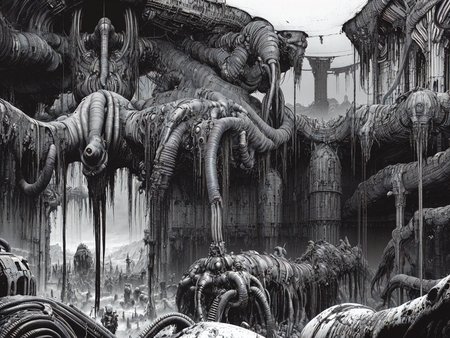 <lora:Blame!:1> vast, gigantic, decrepit scenery, covered in large tubes and cables, buried under cables, dim light, heavy black and white, giant-gross-organic, monsters-creatures,  OrganicBiomArt