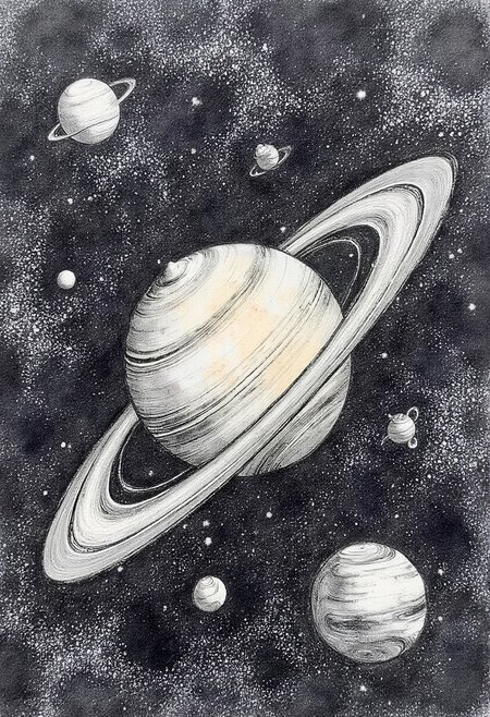 an illustration of a solar system made from Charcoal dust