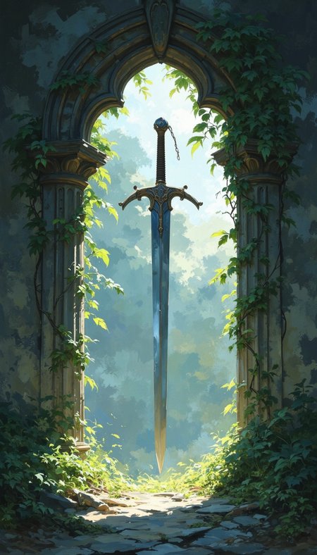 This image portrays an enchanted sword standing silently within a grand but decaying structure, enveloped in a tranquil, mystical atmosphere. The detailed craftsmanship of the sword, combined with the overgrown vines and soft, diffused lighting, convey themes of legacy, forgotten power, and the inexorable passage of time. The scene seems to beckon a hero to reclaim the sword, leaving viewers with a sense of wonder and anticipation.