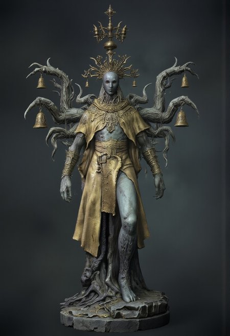 DGC style, MikeFranchinastyle, ghiblistyle, hkevil, berserk style, Surreal art, d4artstyle, d4concept, , bbstyle,, horror theme,, zbrush, ZBClay model of a gray sculpture
Set against a solid dark color background to emphasize its unnatural form and grotesque eerie and unsettling anatomy that emphasizes its silhouette. The medium is not a traditional painting or illustrative medium like watercolor or ink but rather a digital 3D rendering.
A majestic, otherworldly humanoid creature with a segmented, elongated body that transitions into a mass of dark, undulating tentacles. The figure is adorned with flowing golden robes that cascade to the ground, adding a sense of regal mysticism. Its back sprouts multiple organic, limb-like appendages, each carrying intricate ceremonial artifacts such as bells and ritualistic ornaments. The creature wields an ornate staff topped with sacred symbols, complementing its textured, alien-like skin etched with vein-like patterns. Its sharp, faceless head evokes a sense of both reverence and dread. Focus on intricate shapes, harmonious yet eerie details, and a balance of organic and celestial design elements.
