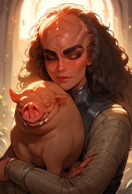 score_9, score_8_up, score_7_up, score_6_up,  p3tl0v3, 1girl, kling0n alien female, dark brown skin, large forehead ridges, large eyebrows, hugging a warthog creature,