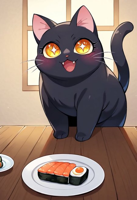 score_9, score_8_up, score_7_up, (source_anime, rating_safe, three quarter view, no humans, Animal focus), (fat cat, wide smile, open mouth, fangs, sparkly eyes, blushing), (Black cat,solo, black fur, fat cat, yellow eyes, tail, ribbon), (kitchen, table, sushi on plate) BREAK (on table)
