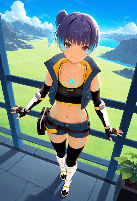 masterpiece, best quality, good quality, 1girl, solo, full body, sena \(xenoblade\), fiery hair, chest jewel, brown eyes, cropped jacket, denim shorts, sports bra, black fingerless gloves, arm guards, black thighhighs, knee boots, fanny pack, midriff markings, thigh markings, scenery <lora:sena illustrious 053:1>
