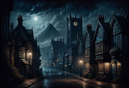 a landscape of a english town close to the sea, 
dark ambient, horror vibe, blueish fog, victorian epoch, 
Lovecraft theme,  
masterpiece, highly detailed,
EdobHorrorLandscape,