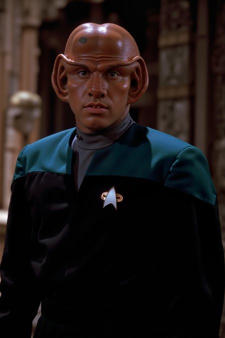A ferengi stands in the ancient temple wearing black voyager uniform wiuth teal shoulders and grey undershirt (photography, high-resolution, dynamic, energetic,hyper-realistic, dramatic lighting, shallow depth of field.), detailmaximizer, MythP0rt<lora:midjourney_whisper_flux_lora_v01:0.55><lora:aidmaMJ6.1-FLUX-V0.1:0.4><lora:FluxMythP0rtr4itStyle:0.4><lora:detailed_flux_ntc:2.2><lora:aidmaImageUpgrader-FLUX-V0.1:0.65><lora:VOY_FLUX:1.1><lora:ferengiV1_FLUX>