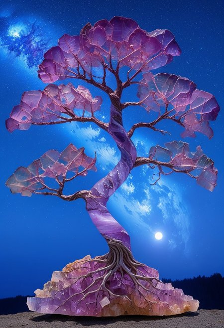 reiq-37400, fluorite mineral, flu0rite, iridiscent, tree made of fluorite ground out of a skull with the background the night sky, spotlight, moon light, night time, stars in the sky,
