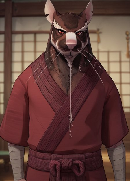 <lora:SplinterPony1.0:1> splinter, solo, no humans, rat, whiskers, 1boy, looking at viewer, bandages, animal focus, male focus, kimono, tail, standing, red eyes, animal ears, facial hair, upper body,  looking at viewer, score_9, score_8_up, score_7_up, score_6_up, score_5_up, score_4_up