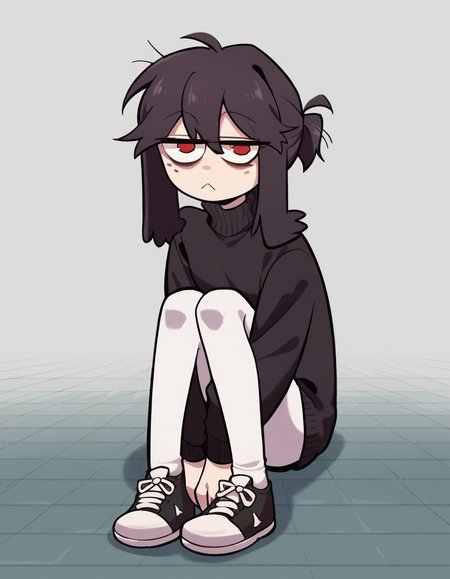 zPDXL, score_9, score_8_up, score_7_up, source_anime, 4k, absurdres, 1girl, solo,
<lora:CWew:1> cwew, sitting like a dog, knees up, hands on floor, black sweater, turtleneck, sweater dress, white pantyhose, black sneakers, looking at viewer, tail wagging,  hands between legs, dog sit,, <lora:Furfrou_v2:0.8> furfrou, (dog ears, dog tail, dog girl), black fur, white skin, red eyes, jitome, bags under eyes, small breasts, freckles, hair over one eye, body freckles, half-closed eyes