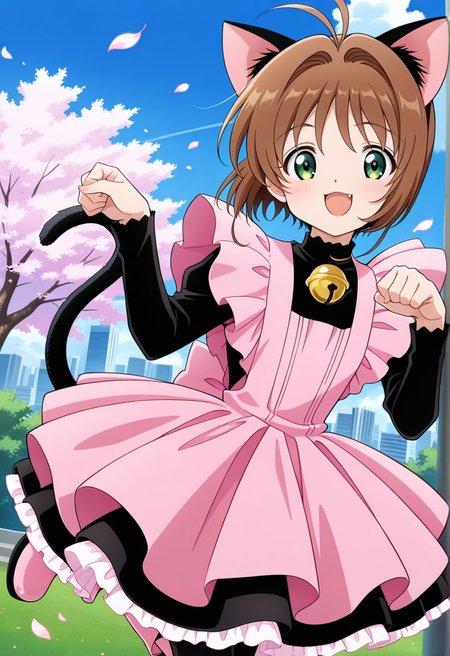 outdoor, trees, grass, cityscape, floating leaves, flowers, night,
BREAK,
{open smile|light smile},
{full body|cowboy shot}, paw pose,
dynamic angle, 
BREAK,
<lora:sakuraS_illustriousXL_v03:0.9>
kinosakupk, short hair, brown hair, ahoge, green eyes, cat ears, black cat ears, 
cat tail, frilled dress, pink dress, long sleeves, black sleeves, jingle bell collar, black dress, 
pantyhose, pink boots, pink footwear, 
sealingwand, holding wand, fuuin no tsue,, source_anime, very aesthetic, anime coloring, masterpiece, 
best quality, amazing quality, ultra detailed, very aesthetic, 
detailed background, 
BREAK,