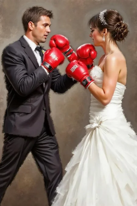 richardmacneil1 painting. A man and a woman, wearing red gloves, boxing at a wedding.  <lora:richardmacneil1_cap_d8a4e11:1.0><lora:853255822321407999:0>