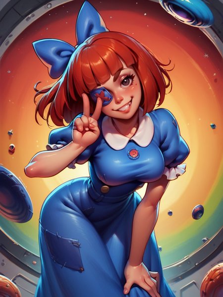 score_9, score_8_up, score_7_up, 1girl, naughty face, leaning forward, sexy pose, leaning forward, very happy, looking at viewer, space, dynamic pose, cowboy shot, colorful room, v,
 <lora:ARagathaV2_character:0.85>, RagathaXLP, red hair, single blue eyepatch, hair bow, dress, puffy short sleeves, blunt bangs, cartoon,