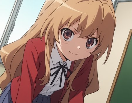 score_9, score_8_up, score_7_up, source_anime,
taigaaisaka, <lora:taiga-aisaka-s1-ponyxl-lora-nochekaiser:1>,
taiga aisaka, long hair, brown hair, brown eyes,
school uniform, oohashi high school uniform, jacket, red jacket, long sleeves, shirt, white shirt, collared shirt, ribbon, skirt, pleated skirt,
indoors, classroom, bent over, smile,
looking at viewer, solo, cowboy shot, dutch angle,