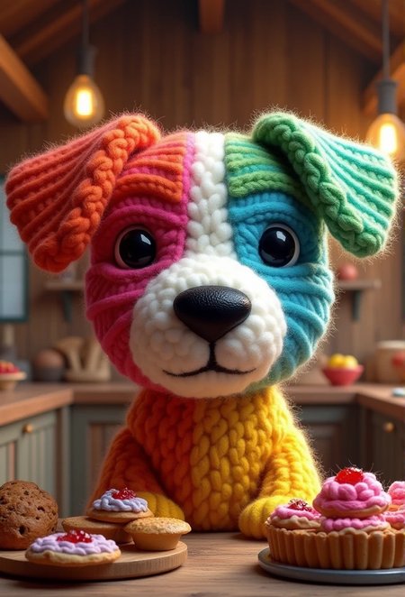 This is a digitally created artwork featuring a stylized, colorful portrait of a dog, primarily composed of yarn. The dog's face is divided into sections, each filled with different colored yarns. The top left section is red, the top right is pink, the bottom left is blue, and the bottom right is yellow. The dog's ears are composed of green and orange yarns, and its nose is made from black yarn. The eyes are two small black buttons, one on each side, giving the dog a friendly, expressive look. The yarns are tightly woven together, creating a textured, three-dimensional appearance that adds depth to the image. The background depicting a cozy, rustic kitchen scene with a warm, inviting atmosphere. The setting is a wooden, warm lit kitchen with exposed wooden beams and shelves lined with various kitchen items. and, laden with a variety of colorful, freshly baked goods, including cakes, pies, and pastries. and hanging pendant lights add a warm glow to the scene.  The overall style of the artwork is whimsical and playful, combining the traditional medium of yarn with a modern, digital artistic technique. The texture of the yarn is emphasized, with some sections appearing more loose and others more tightly packed, adding to the visual interest. This unique and colorful portrait of a dog offers a fresh and imaginative take on traditional art mediums.
