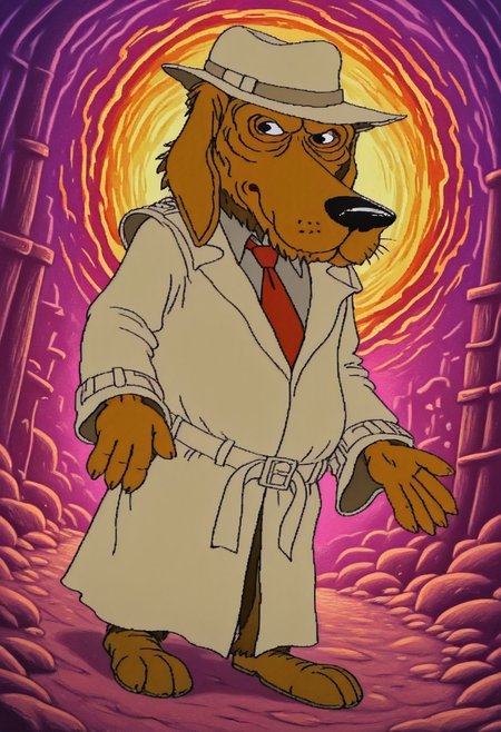 cdistyle, dutch angle, dynamic angle, abstract background, BREAK
solo, male, ncpc_mcg, canine, bloodhound, brown body, long ears, black eyes, fedora, necktie, trenchcoat, BREAK