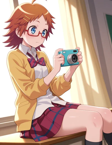 masterpiece,best quality,amazing quality, very aesthetic, 1girl, very awa, absurdres, highres, newest, 
<lora:Akemi_Mikan:1>AkemiMikan, 1girl, solo, blush, short hair, blue eyes, shirt, skirt, brown hair, long sleeves, hair ornament, holding, bow, closed mouth, sitting, jacket, school uniform, white shirt, ahoge, red hair, pleated skirt, open clothes, collared shirt, socks, glasses, day, indoors, hairclip, bowtie, miniskirt, striped clothes, open jacket, plaid, kneehighs, window, dress shirt, red skirt, watermark, plaid skirt, black socks, sunlight, cardigan, blazer, curtains, wing collar, semi-rimless eyewear, desk, sleeves rolled up, red-framed eyewear, under-rim eyewear, striped bow, classroom, school desk, striped bowtie, holding camera, on desk, school, sitting on desk, loose bowtie
