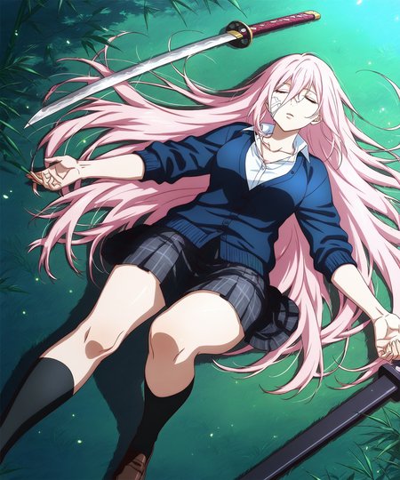 score_9, score_8_up, score_7_up, commission, dynamic view, dynamic angle, dynamic pose, dynamic lighting, good_hands, rating_safe, vein, 
bamboo forest, solo,
extended arms, lying on ground, on back, ((katana)) on side, (unconscious, closed eyes), legs,
[wide shot, high angle shot|close-up], (full body | upper body)
<lora:takezou_pony:0.9> shinmen takezou, ((long hair, pink hair, bandage on face)), hair between eyes, pink eyes, fit body, dark blue cardigan, white shirt, sleeves rolled up, grep skirt, short skirt, kneehighs, black socks, pleaded skirt,
expressive, expressiveh <lora:Expressive_H-000001:0.8>,
32k, (Masterpiece:1.0),(High Detailed Skin:1.0),( High Quality:1.0), (Official Art, Beautiful and Aesthetic:1.2), (Realistic Lighting:1.0), high detailed, high quality, masterpiece, no text, quality highlights, 8k detail, detailed background, ultra-detailed, beautiful eyes, (ultra detailed face), 
<lora:StS_PonyXL_Detail_Slider_v1.4_iteration_3:2>, <lora:Detailed anime style - SDXL_pony:0.25>, Details extra++ <lora:Add_more_details_pony:0.4>,
