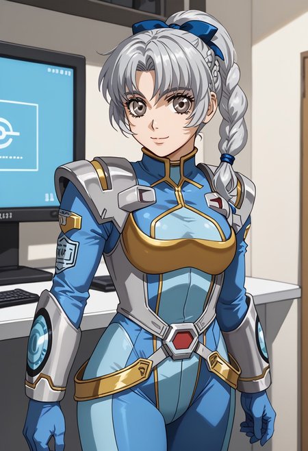 score_9, score_8_up, score_7_up, 1girl, solo, grey hair, grey eyes, braided ponytail, srwbluepilotsuit, blue bodysuit, pauldrons, wrist guards, metal belt, grey armor, helmet removed, no headwear, looking at viewer, slight smile, cowboy shot, indoors, metal wall, metal walls, monitor,