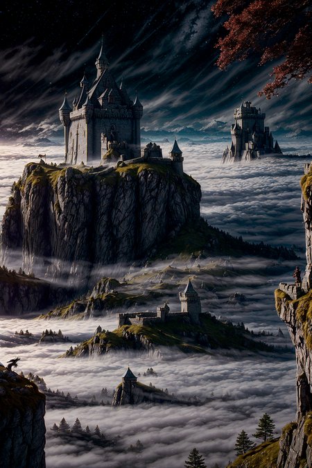 (photorealism:1.5), (realistic:1.5)
enchanted fortress, above the clouds, dragon emerging from the mist, mystical atmosphere, detailed stone walls, high detail, ultra high-resolution, photorealistic, dramatic shadows, glowing light, fantasy landscape, detailed clouds, beautiful, masterpiece
 <lora:add_detail:1>