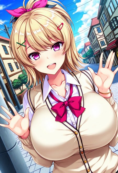 general,highres, ultra-detailed,very aesthetic,best quality ,best hands,best eyes,easynegative,
dynamic anglre, dutch angle, anime cloring,
1girl solo,looking at viewer,town,outdoors,smile,open mouth,waving hand,
Nao Rindou,blonde hair,ponytail,hairclip,purple eyes,huge breasts,hair ribbon,school uniform,