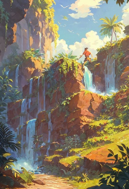 score_9, score_8_up, score_7_up, Hawaiian waterfall on fire. Totems, tropical, head hunters