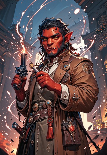 ((zPDXL3)), ((masterpiece,best quality, highly detailed)), ((score_9)), score_8_up, score_7_up, score_6_up, score_5_up, score_4_up, Digital painting style, brushstrokes, ((EnhanceImage)), solo, 1boy, Hobgoblin, red skin, fangs, big nose, mutton chops, black hair, duster coat, brown coat, cowboy hat, holding revolver, revolver, 1 revolver, gunslinger, swm29,
Expressiveh, 30yo, 
chinese magical sorceress, animated, swirling magic, wisps of magic, magical accessories, evoking motion, conveying motion, dynamic splash art, ((handfixer)), four fingers, one thumb, 
<lora:PainterlyFantasiaPDXL:0.6>,