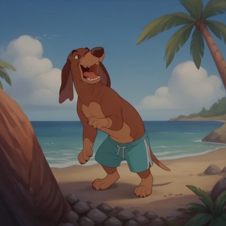 score_9, score_8_up, score_7_up, score_6_up, score_5_up, score_4_up, source_furry, ItchyItchiford, feral, male, Dachshund, brown fur, swim trunks, at the beach