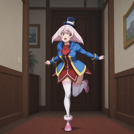 masterpiece, best quality, amazing quality, emulslfILv2, human, female, pink hair, reddish orange eyes, dark blue top hat, red dress white trim, blue jacket yellow trim, red ascot, white thighhighs, pink shoes, inside, standing on one leg