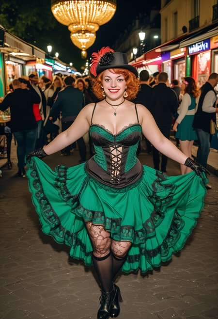 (medium full shot) of (energetic French cancan dancer) young woman, curvy build, medium ginger inverted bob cut hair, mexican, caramel skin, hazel eyes, wearing a fascinator, green lace bustier with intricate details, tailored skirt with bold patterns, patterned tights, lace-up boots,  dramatic eye shadow, chandelier earrings, lace gloves silk scarf, set in  a vibrant street scene in Paris, with market stalls, musicians playing, people dancingduring night, woman smiling, detailed face, ,Masterpiece,best quality, raw photo, realistic, very aesthetic