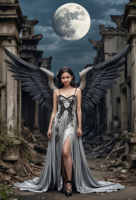(medium full shot) of (celestial dark angel with black wings) young woman, petite build, medium dark french twist hair, chinese, light skin, hazel eyes, dressed in a silver velvet gown with ethereal designs, leather shoes with intricate details, dramatic eyeliner, black earrings holding a mystic orb, set in  overgrown city ruins, with collapsed buildings, wild nature, haunting light, lost artifacts, under the full moon, woman smiling, ,Masterpiece,best quality, raw photo, realistic, very aesthetic