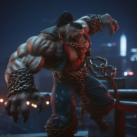 cinematic photo a muscular man, veins, chains, red eyes, pony tail, black hair, claws, night city lights background <lora:Pitt1024:0.8> . 35mm photograph, film, bokeh, professional, 4k, highly detailed