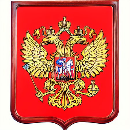The National Coat of Arms of Russia on the background of the flag of Russia, framed by a golden heraldic frame.