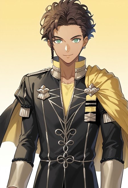 masterpiece,best quality,amazing quality, source_anime,
ClaudeVonRiegan, 1boy, male focus, solo, green eyes, brown hair, dark-skinned male, side braid, jewelry, earrings, garreg mach monastery uniform, shirt, yellow shirt, coat, black coat, high collar, epaulettes, side cape, yellow cape, pants, black pants, smile,