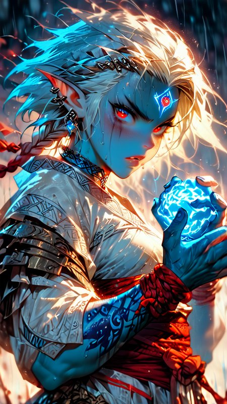 score_9, score_8_up, score_7_up, An illustration of a fierce character, photo-enhanced, fatasy, girl, dnd, d&d, monk,
platinum blond hair, short hair, wet, rain, braids, elf, dark elf, (blue skin:1.5), small breasts, freckles, piercing red eyes, ear piercings, bangles, looking at viewer, facing viewer, looking up, view from front, spider tattoo, running mascara, disgusted face, clenched teeth, open mouth, white linen bandeau, rope wrapped wrists, raised hands, athletic, chain choker, slave, wind blown hair, linen sweat pants, glowing rune,  forehead rune, 
 <lora:extremely_detailed:1>  <lora:Fant5yP0ny:1>  <lora:disgusted_face_xl_goofy:1> <lora:HKStyle_V3:1> <lora:Flash_Glowing_Runes_SDXL:1>