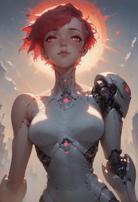 (score_9_up, score_8_up:1.2), score_7_up,   cyborg girl, glowing eyes, red sun, cute, black hearts, blush, beautiful eyes, red hair, short hair, high-top cut, dynamic pose, city,  <lora:Concept Art Twilight Style SDXL_LoRA_Pony Diffusion V6 XL:0.8>   <lora:Expressive_H-000001:0.8> expressiveh   <lora:princess_xl_v2:0.7>   <lora:sinfully_stylish_SDXL> <lora:Cyborg_Girl_-_Leotard:0.5>
